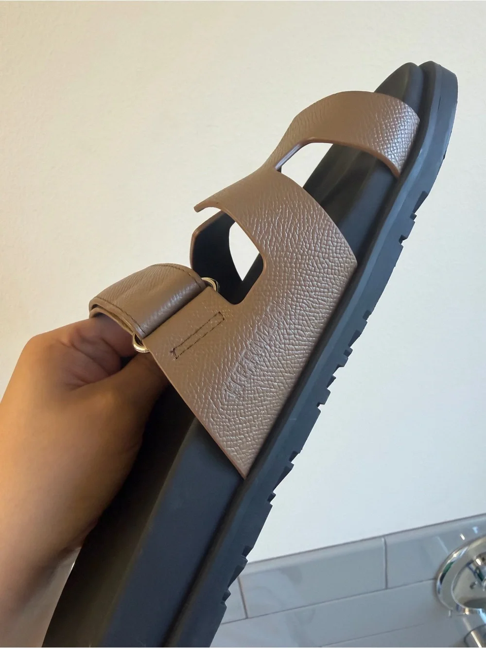 H Black Footbed Brown H-Strap Slide Sandals